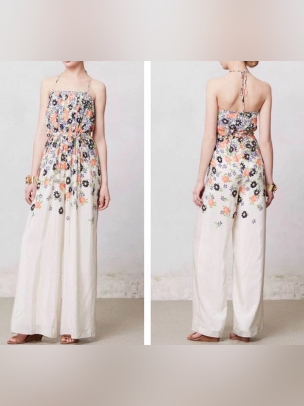 Anthropologie Cream Floral Halter Tie Jumpsuit